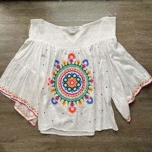 Mud Pie White Blouse with Colorful Embroidery